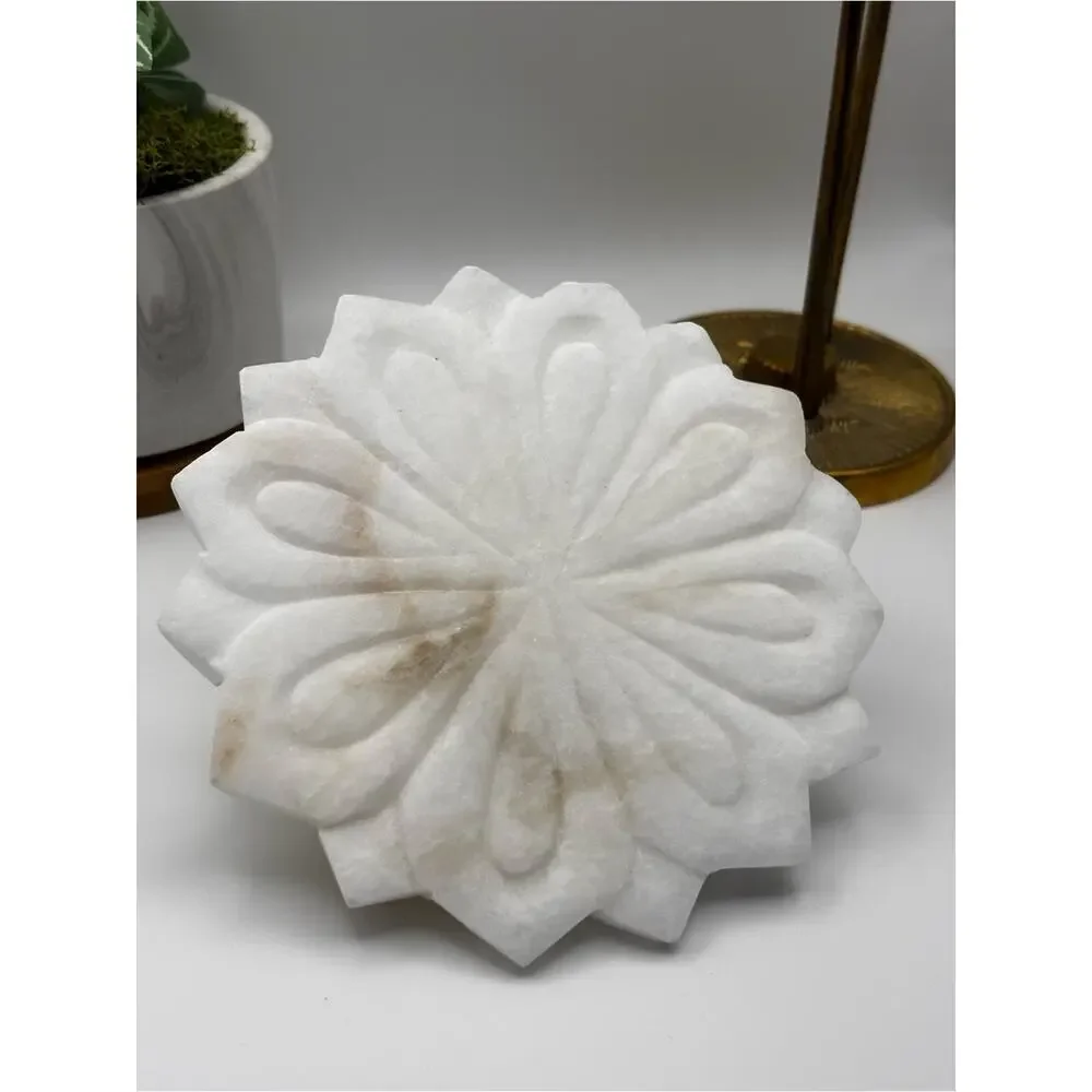 Lotus Flower Soap Dish, White Carved Marble Trivet Tray, Candle / Incense Holder